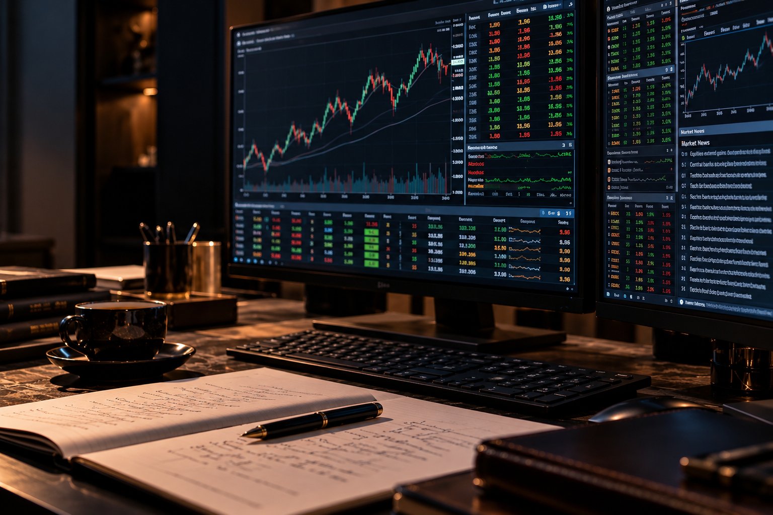 Market screens and handwritten notes on a research desk